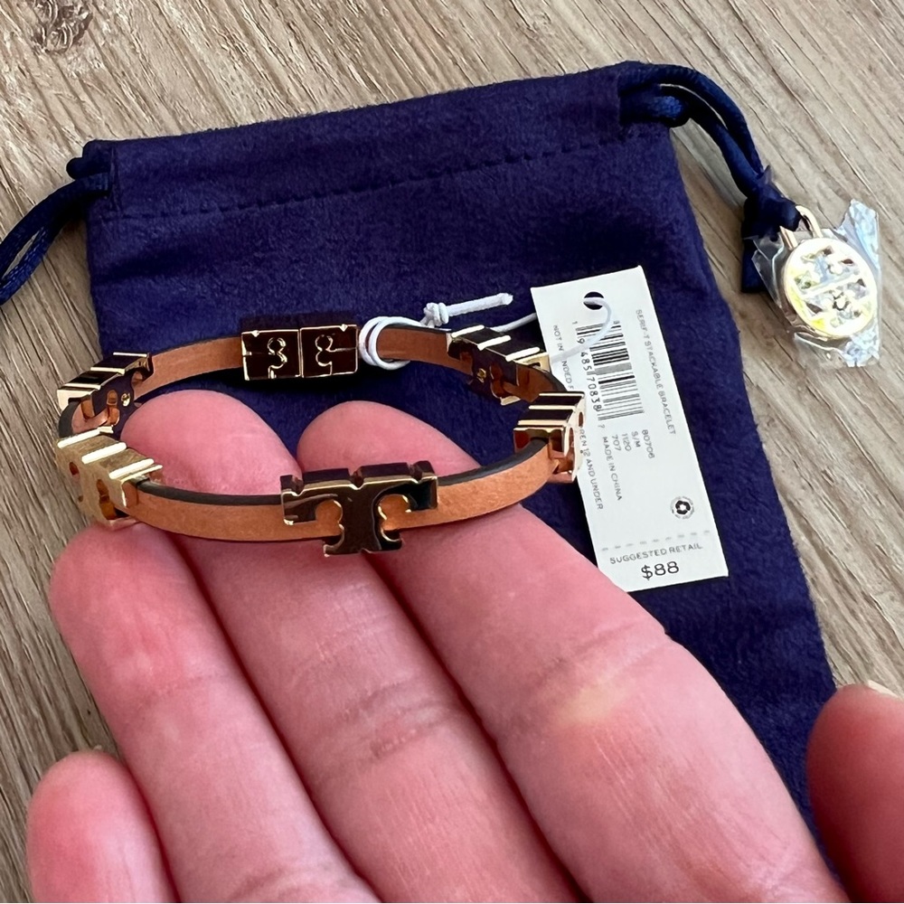 Tory Burch Serif T Single-Wrap Bracelet Tory Gold Coconut Vachetta Size S/M - Picture 4 of 7